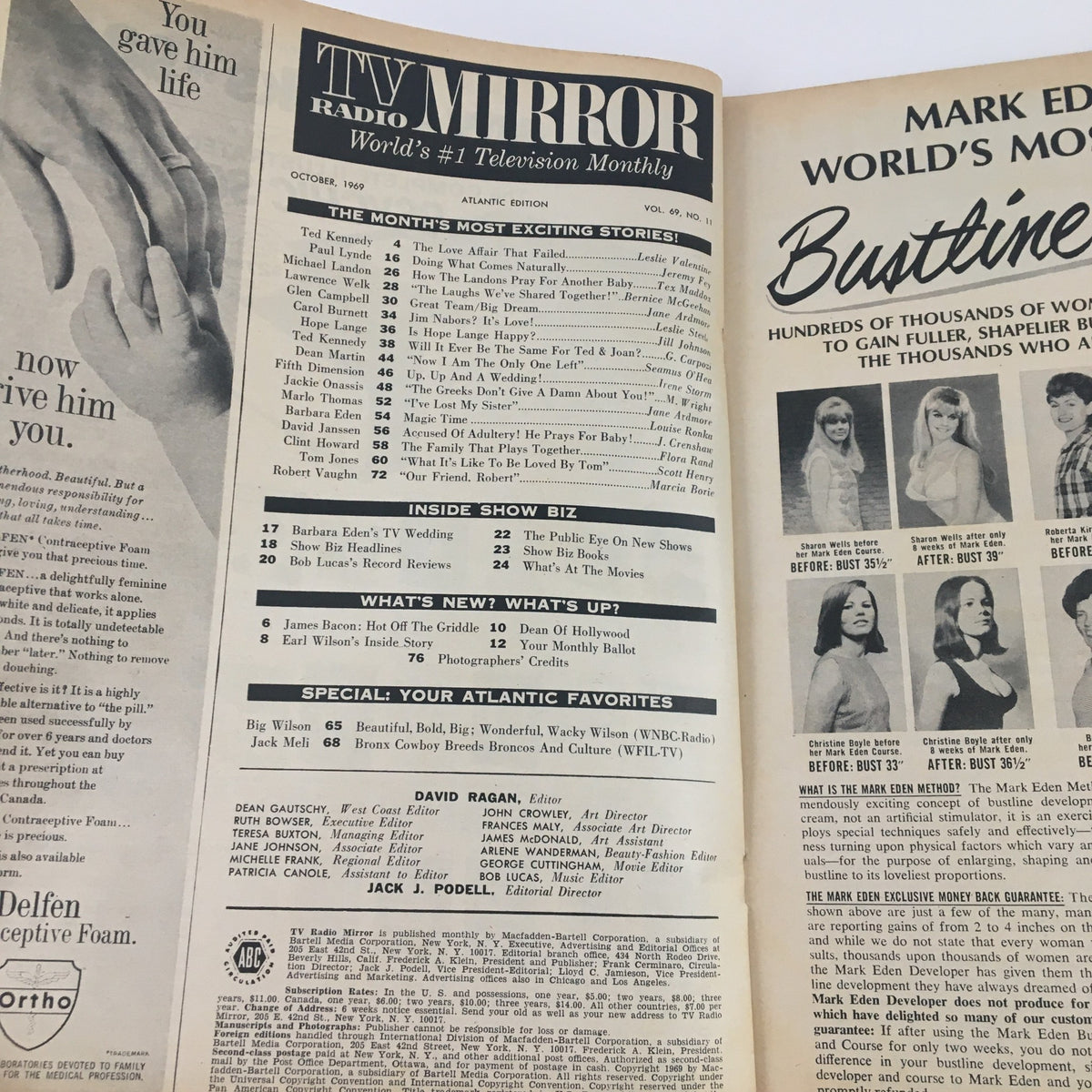 Inside pages of the TV Radio Mirror Magazine from October 1969, showcasing the table of contents with various exciting stories, including 'Ted Kennedy: The Love Affair That Failed'. This magazine serves as a window into 1960s entertainment and politics.