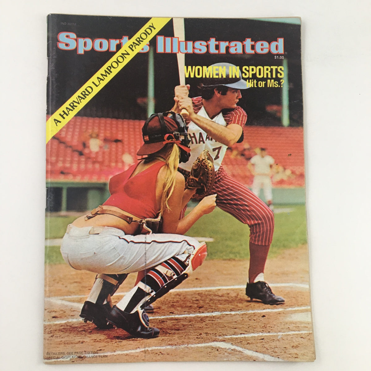 Cover of Sports Illustrated Magazine 1974 A Harvard Lampoon Parody featuring a humorous sports scene with a baseball player and a catcher, showcasing vintage style and satire relevant to the era.