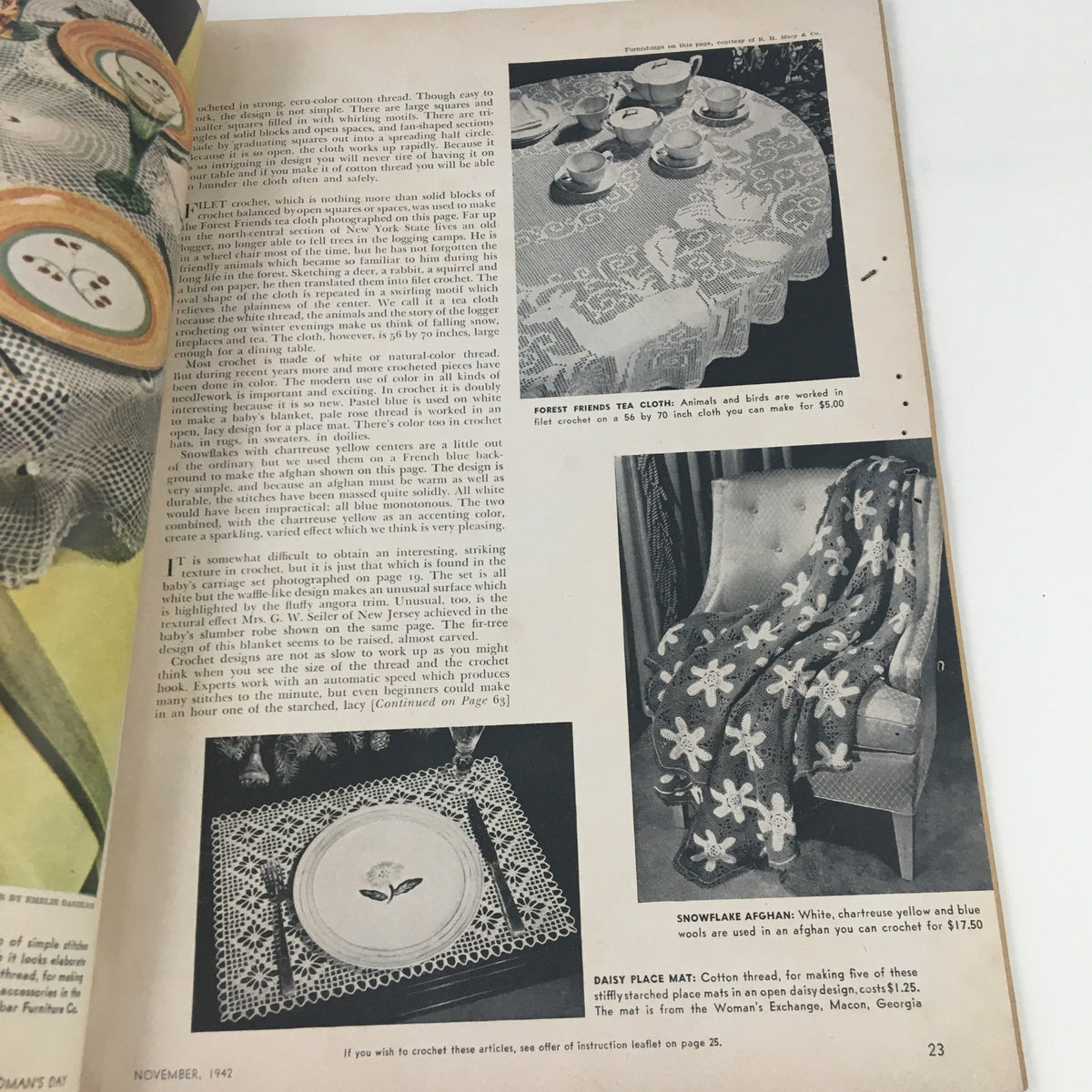 Page from Woman's Day Magazine November 1942 displaying crochet patterns and vintage tea cloth designs.