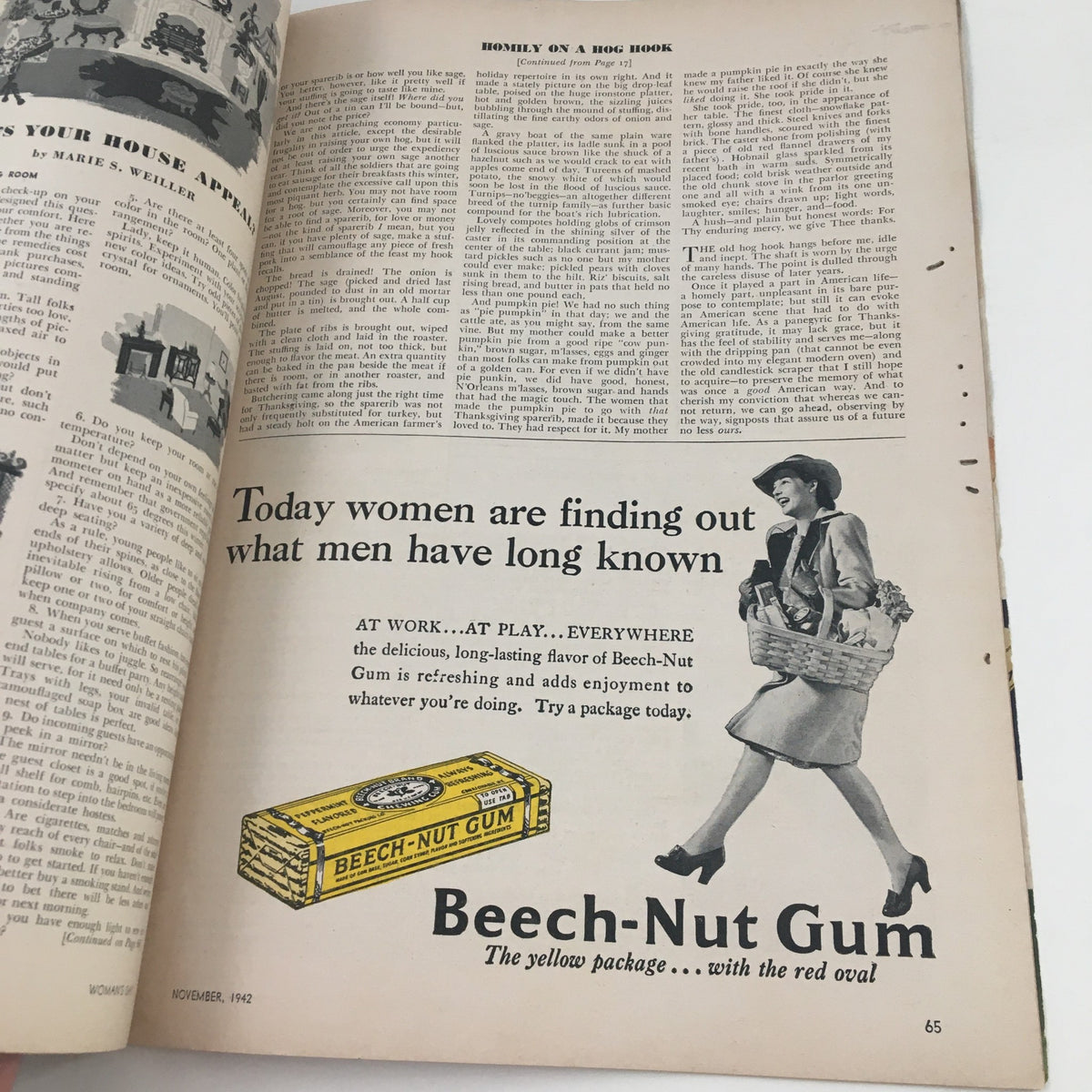 Another interior page from Woman's Day Magazine November 1942 featuring an advertisement for Beech-Nut Gum alongside a vintage illustration.