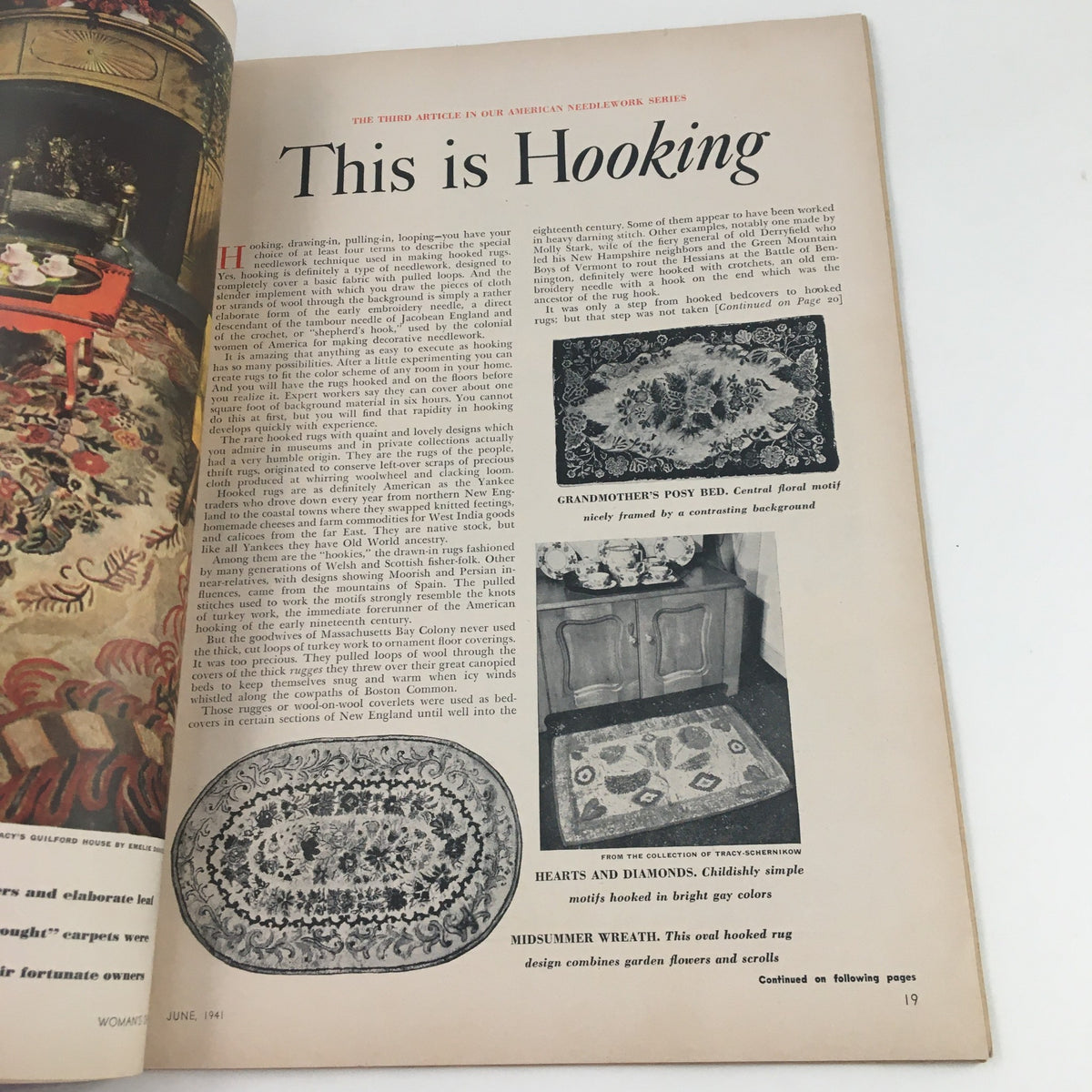 Page from Woman's Day Magazine June 1941 showcasing an article on rug hooking techniques with illustrations and detailed descriptions. A beautiful glimpse into mid-20th century crafts.