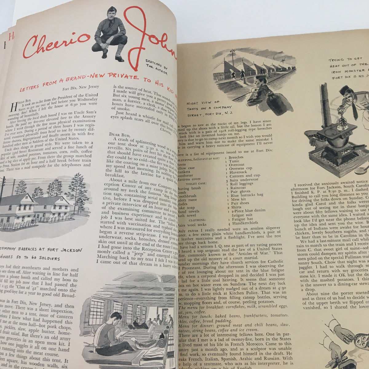 Page from Woman's Day Magazine June 1941 featuring a personal letter section titled 'Cheerio John' with illustrations depicting life as a soldier during World War II.