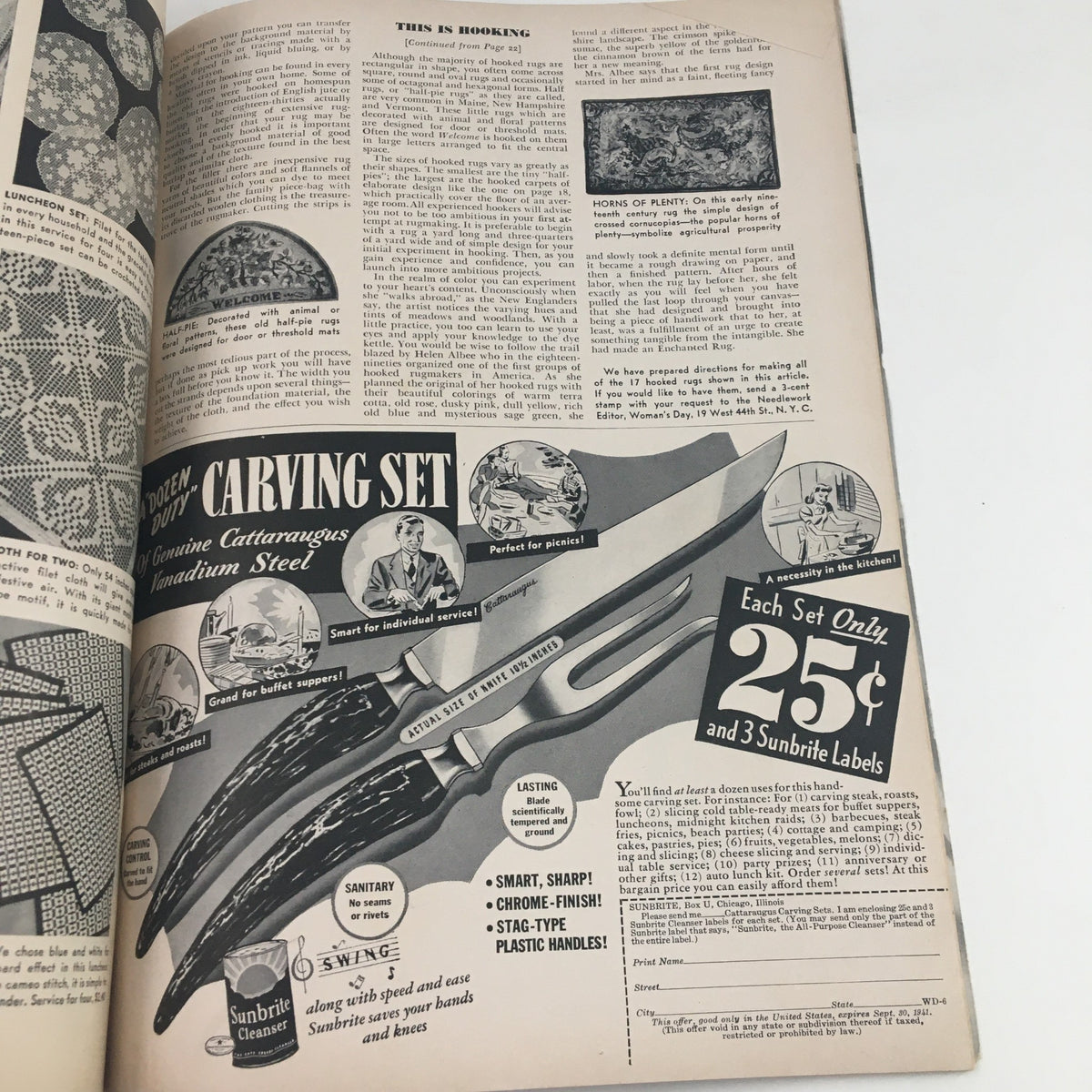 Page from Woman's Day Magazine June 1941 displaying an advertisement for a carving set alongside an article discussing various crafting techniques and background patterns.
