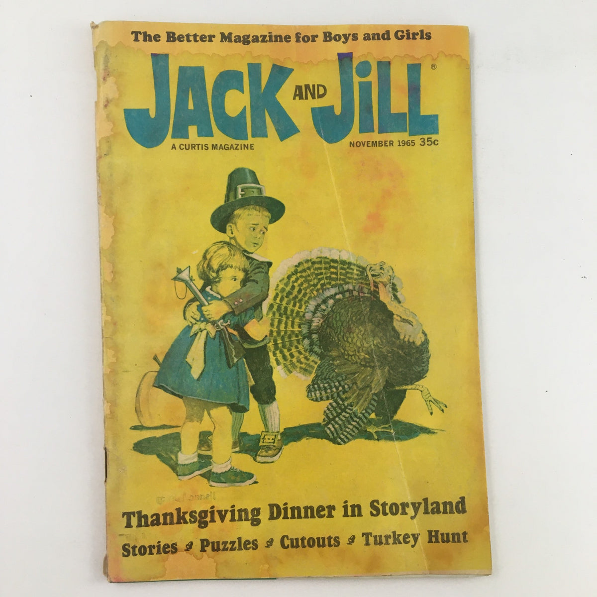 Cover of Jack and Jill Magazine November 1965, featuring a Thanksgiving Dinner theme with children and a turkey illustration.