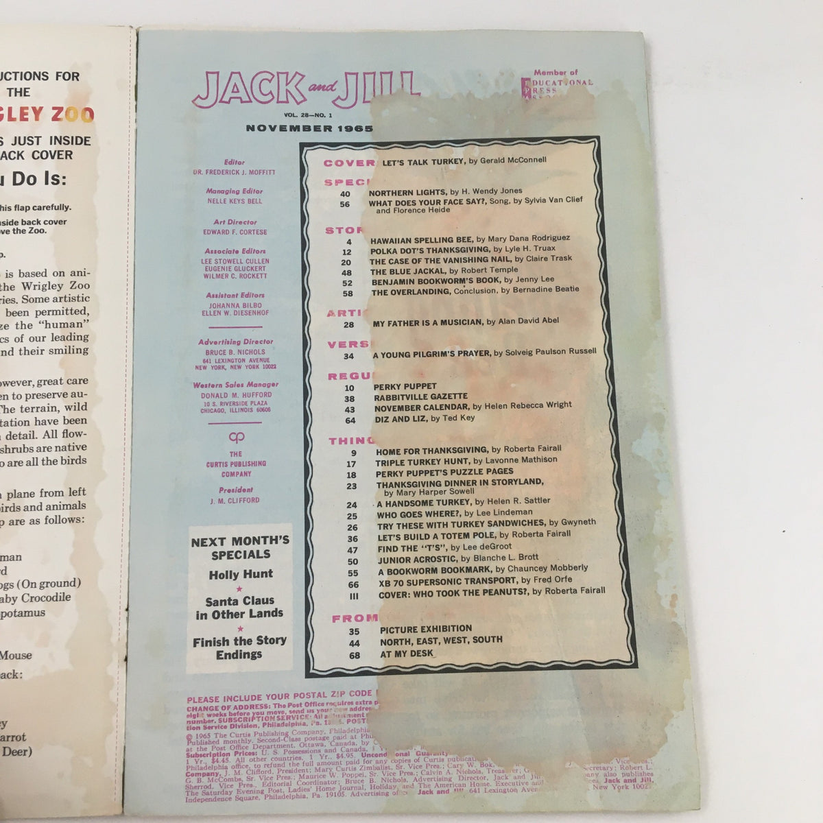 Table of contents from Jack and Jill Magazine November 1965, listing stories and features for young readers.