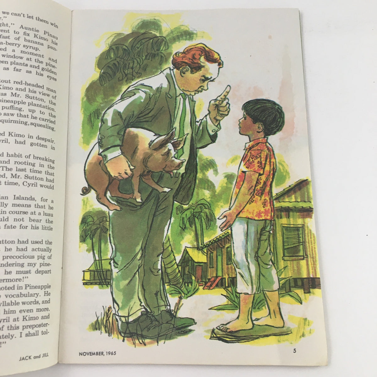 Illustration from Jack and Jill Magazine November 1965, depicting a scene with a boy and a man holding a pig.