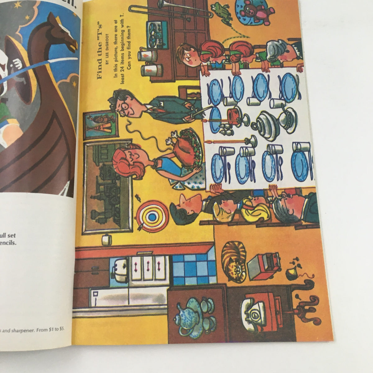 Interactive page from Jack and Jill Magazine November 1965 with an illustration titled 'Find the T's' depicting a busy kitchen scene with characters preparing for Thanksgiving.