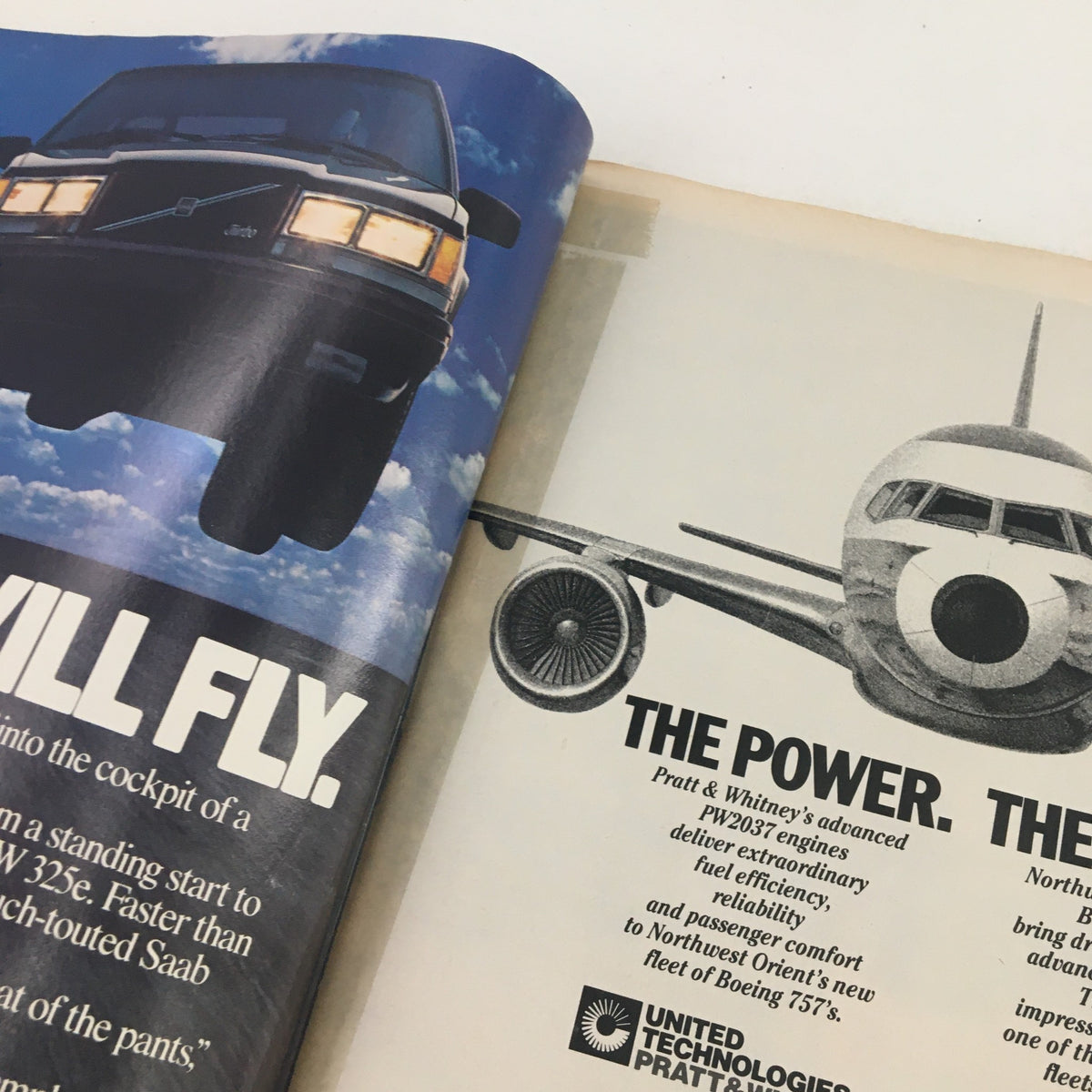 Interior page of Sports Illustrated Magazine April 29, 1985, displaying advertisements, including a Volvo car and Pratt & Whitney engine details, highlighting the era's advertising style.