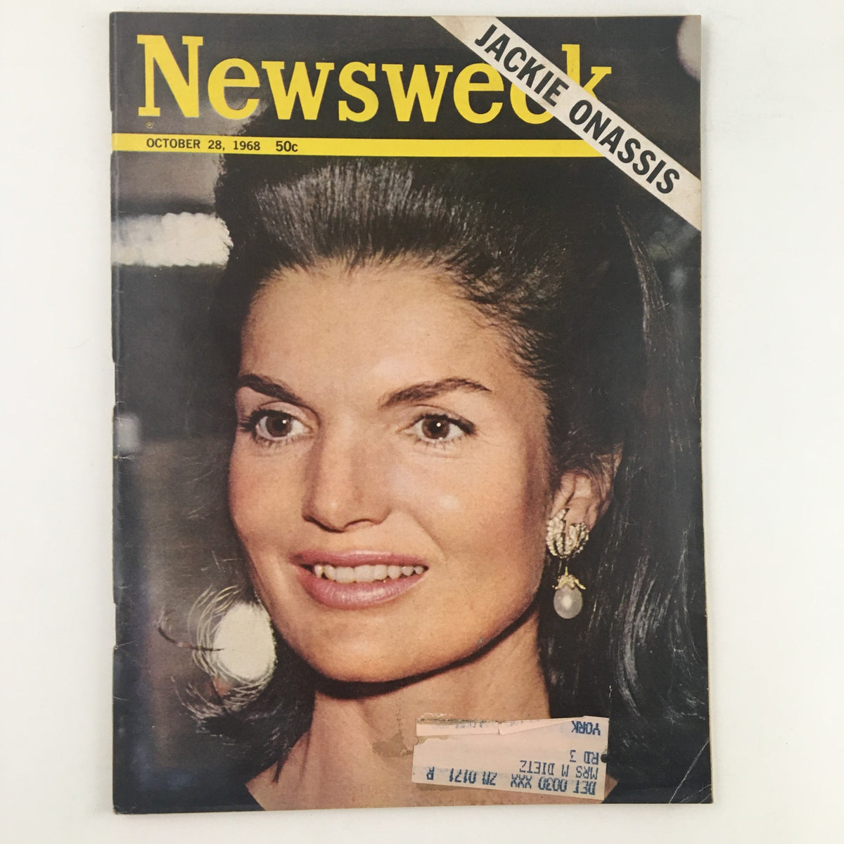 Newsweek Magazine October 28, 1968 featuring Jacqueline 'Jackie' Kennedy Onassis, displaying her iconic elegance and charm on the cover.