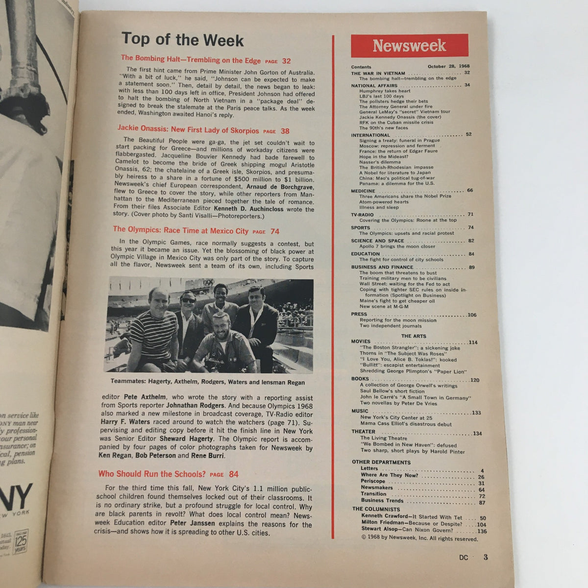 Page from Newsweek Magazine dated October 28, 1968, featuring the table of contents and articles on Jacqueline 'Jackie' Kennedy Onassis, the Olympics in Mexico City, and education issues, highlighting the magazine's focus on significant cultural topics from the 1960s.