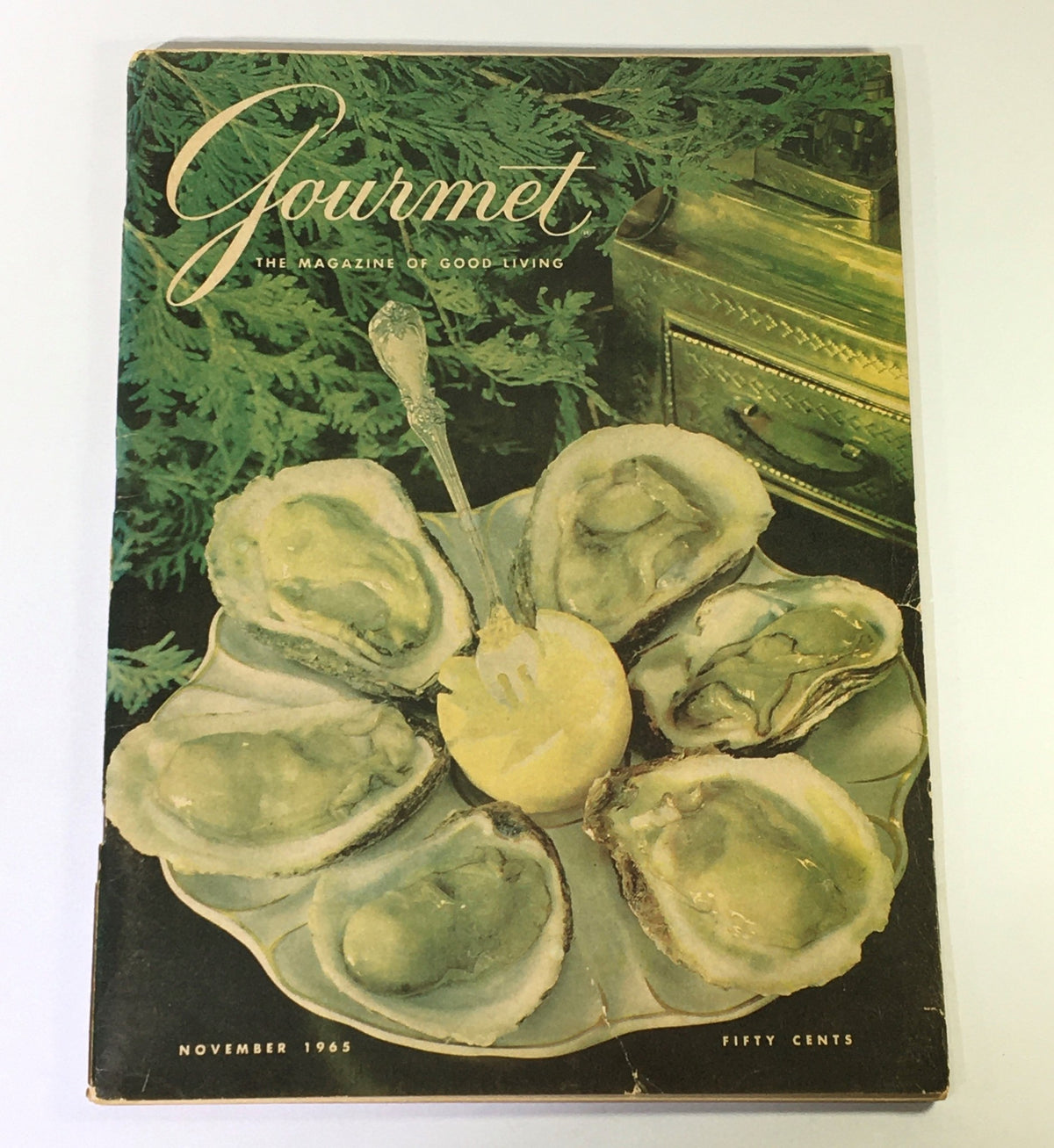 VTG Gourmet: The Magazine of Good Living, November 1965 cover featuring oysters on a decorative platter.