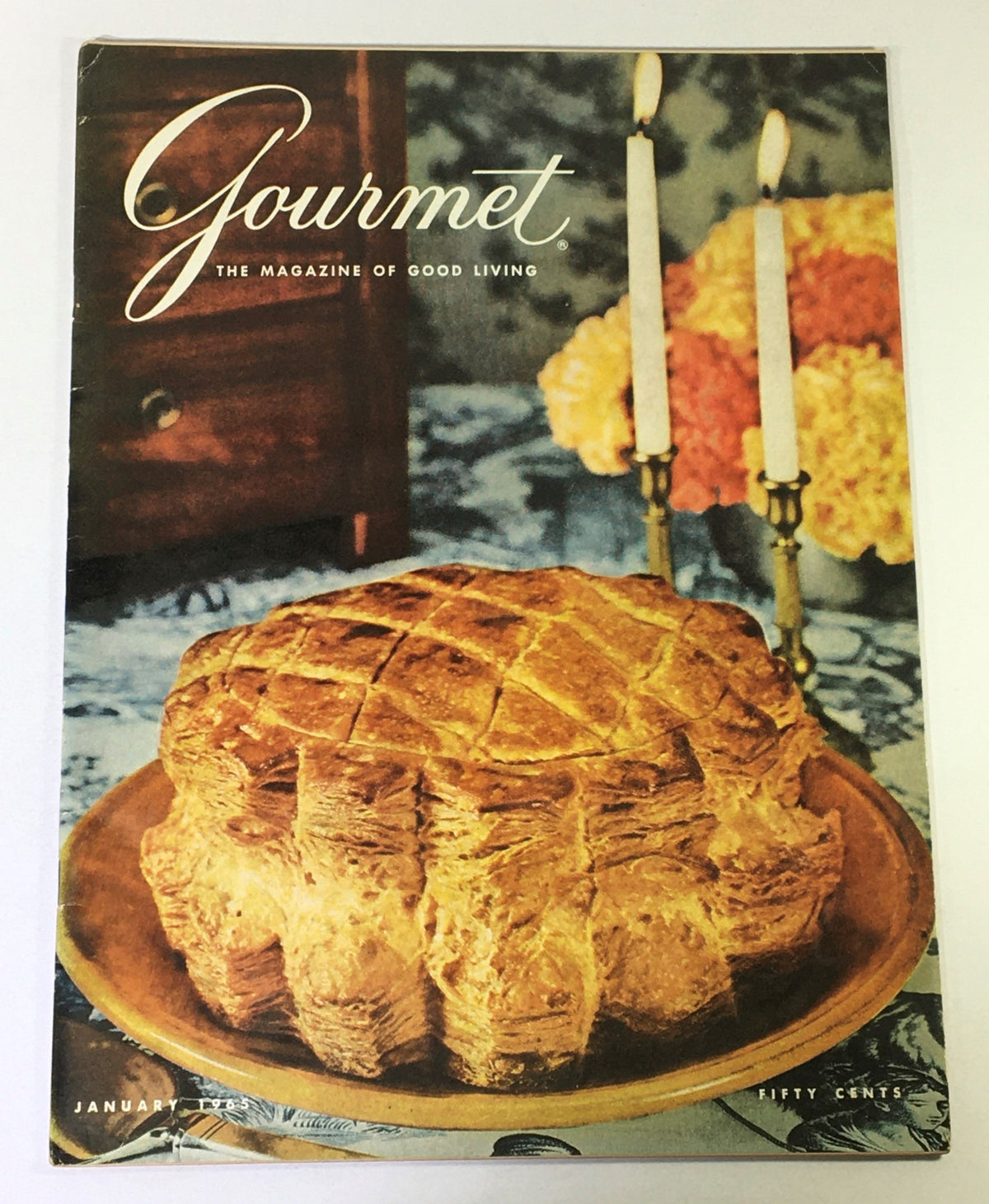 Cover of VTG Gourmet The Magazine of Good Living, January 1965, featuring a gourmet pie on a plate surrounded by candles and flowers.