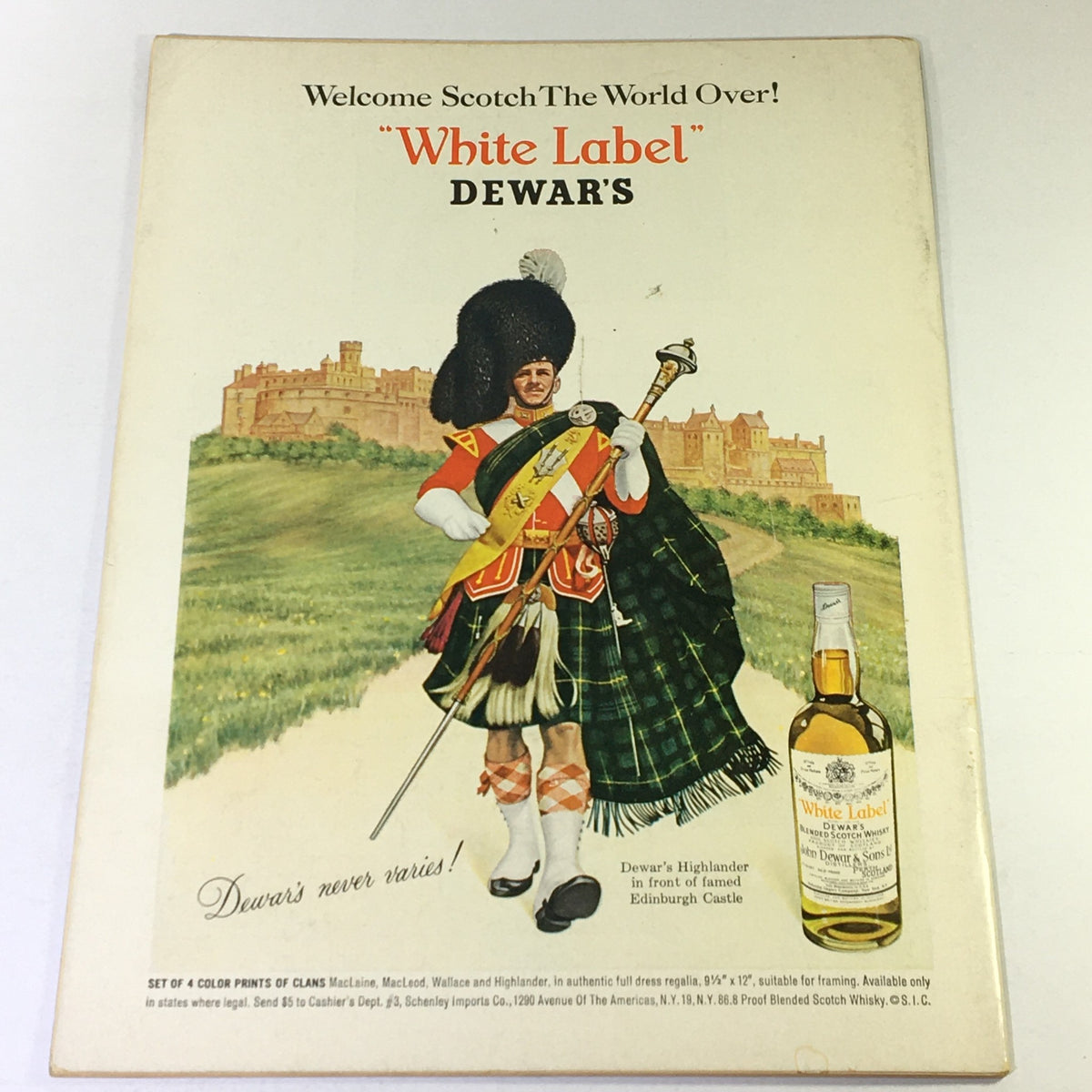 Back cover of VTG Gourmet The Magazine of Good Living, January 1965, displaying an advertisement for Dewar's White Label Scotch with a gentleman in traditional Scottish attire in front of Edinburgh Castle.