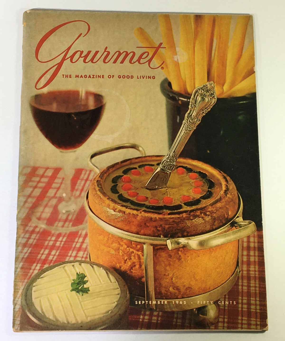 Cover of VTG Gourmet The Magazine of Good Living September 1965 showcasing a delicious dish with vibrant toppings, accompanied by a glass of red wine and golden French fries.