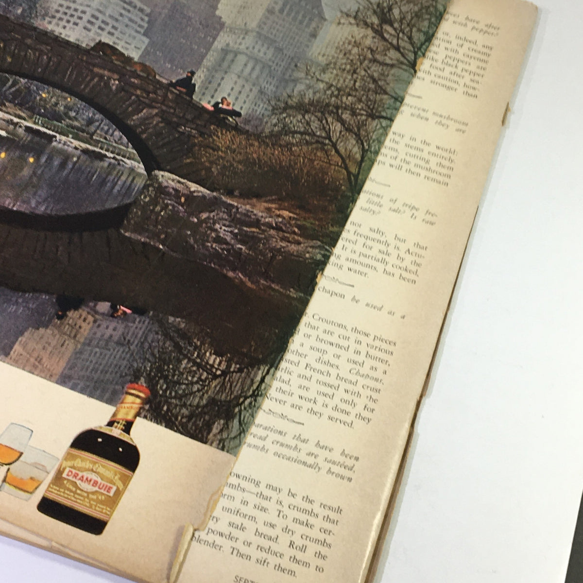 Close-up of an iconic advertisement in VTG Gourmet The Magazine of Good Living September 1965, featuring Drambuie whiskey with a scenic background.