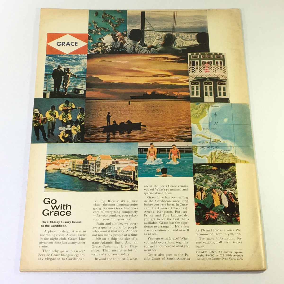 Back cover of VTG Gourmet The Magazine of Good Living August 1966 displaying a colorful advertisement for Grace Line luxury cruises to the Caribbean, highlighting scenic destinations.