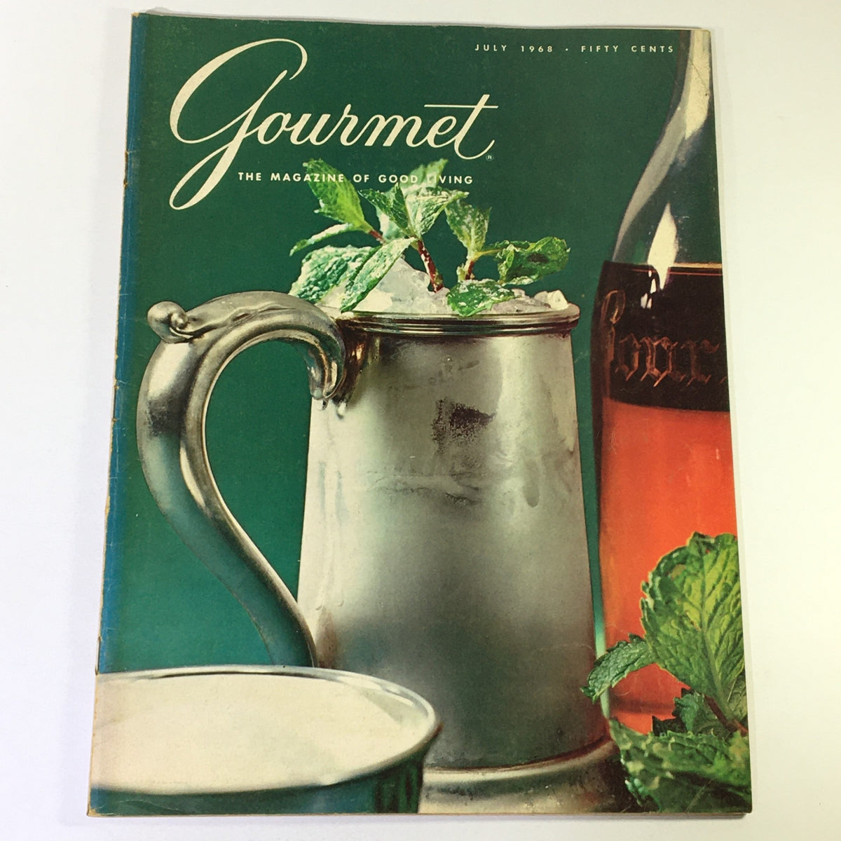 Cover of VTG Gourmet The Magazine of Good Living July 1968 featuring Southern Cooking with a silver mug filled with mint and ice against a green background.