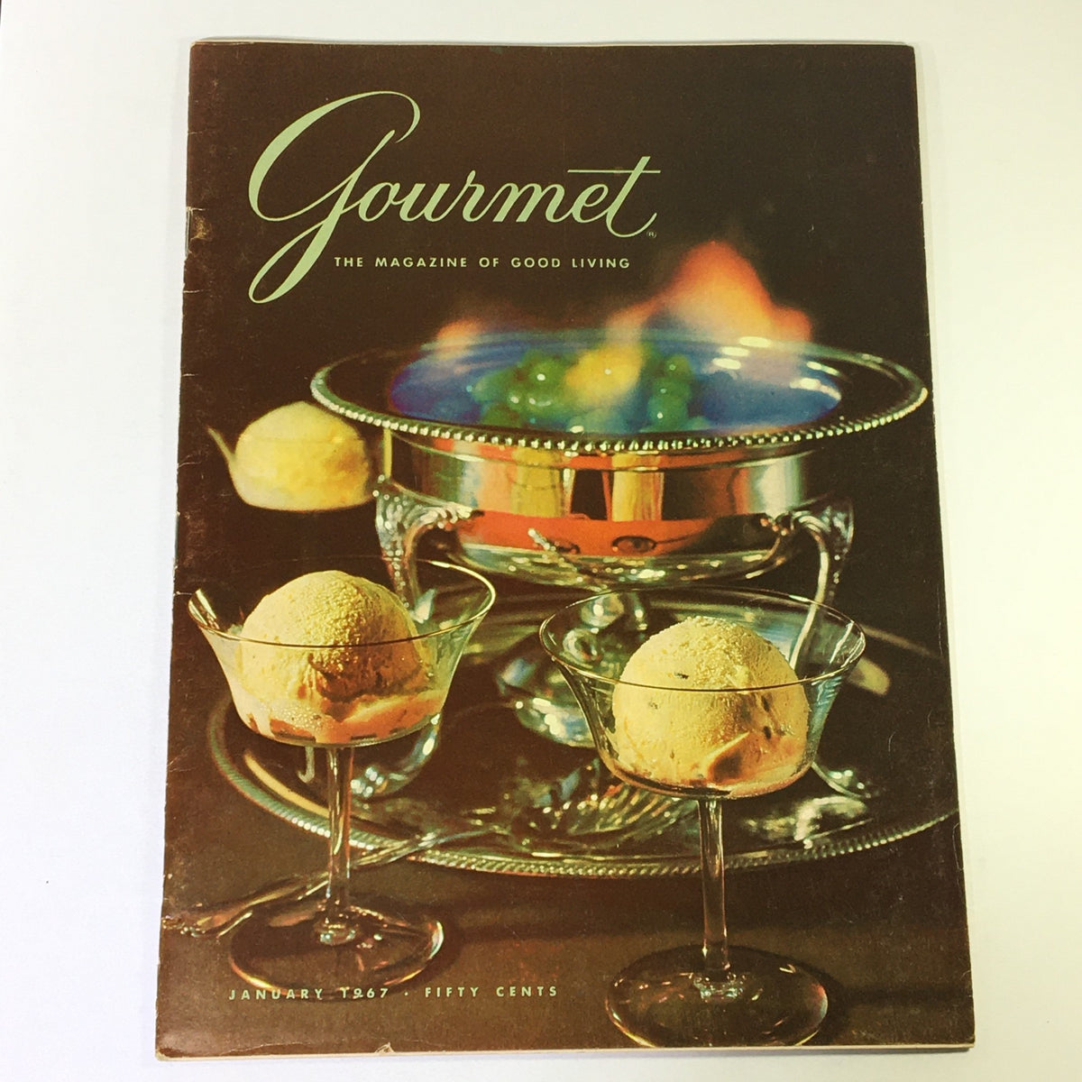 Cover of VTG Gourmet The Magazine of Good Living, January 1967, featuring two glasses of ice cream on a silver tray with a colorful dessert presentation.