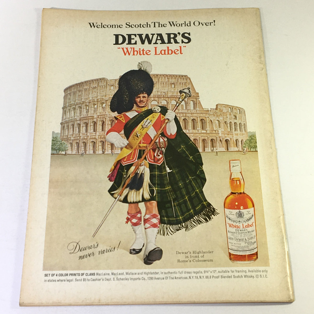 Back cover of VTG Gourmet The Magazine of Good Living, January 1967, showcasing an advertisement for Dewar's White Label with an illustration of a Highlander in front of the Colosseum.