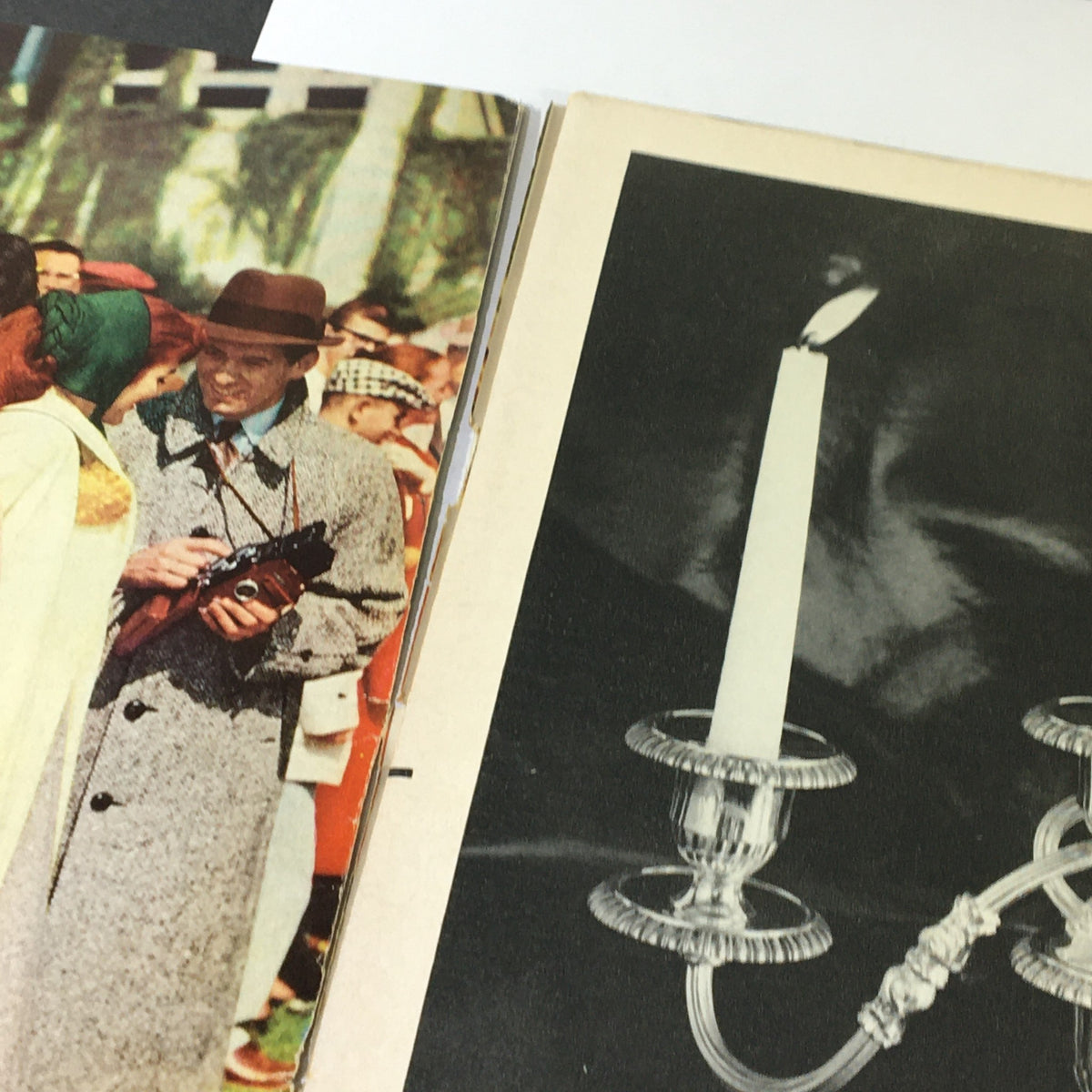 Interior page of VTG Gourmet Magazine October 1958 showcasing vibrant color photography including a man with a camera and candlelight, capturing mid-century dining culture.