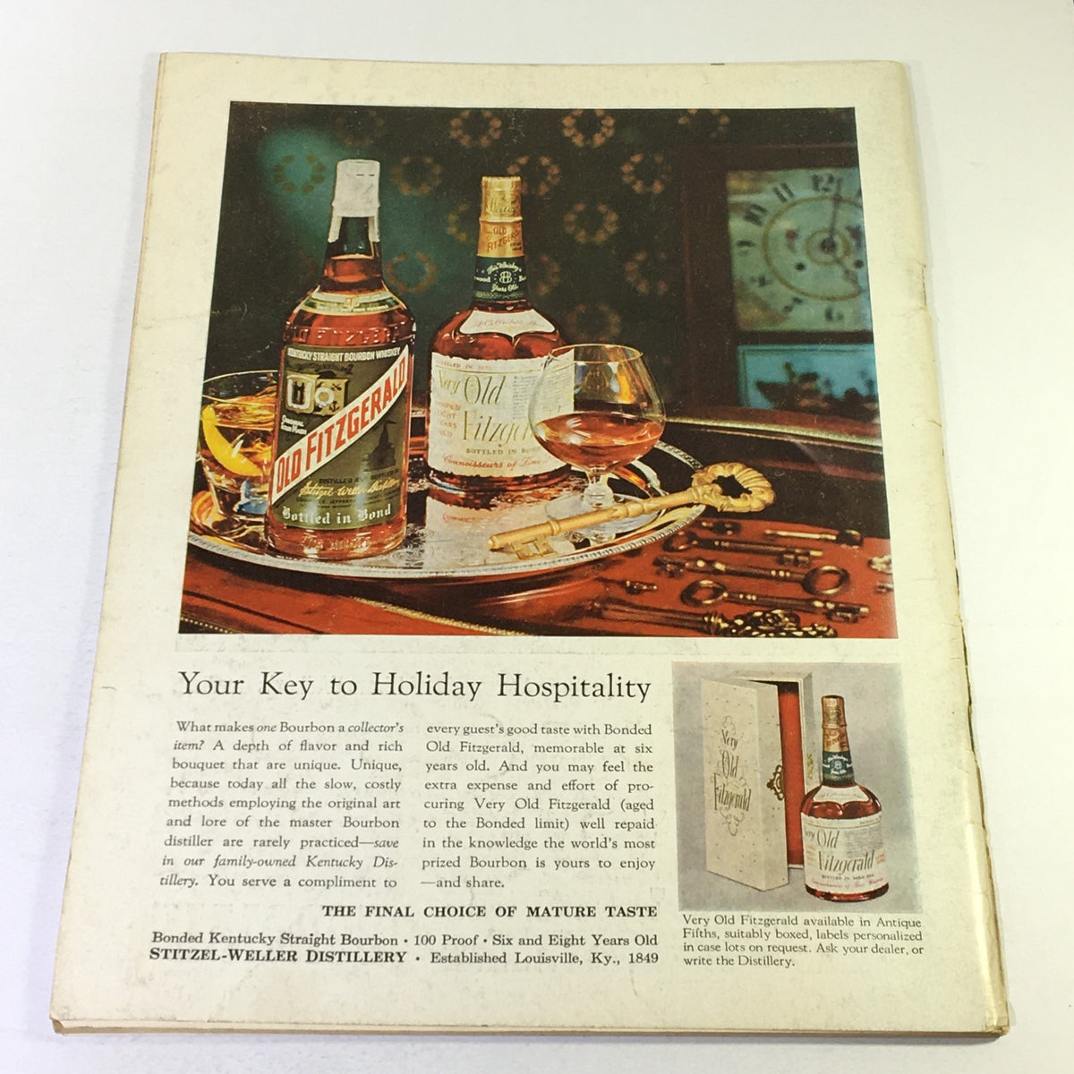 Back cover of VTG Gourmet Magazine October 1958 displaying advertisements for Old Fitzgerald Bourbon, emphasizing holiday hospitality and fine dining.
