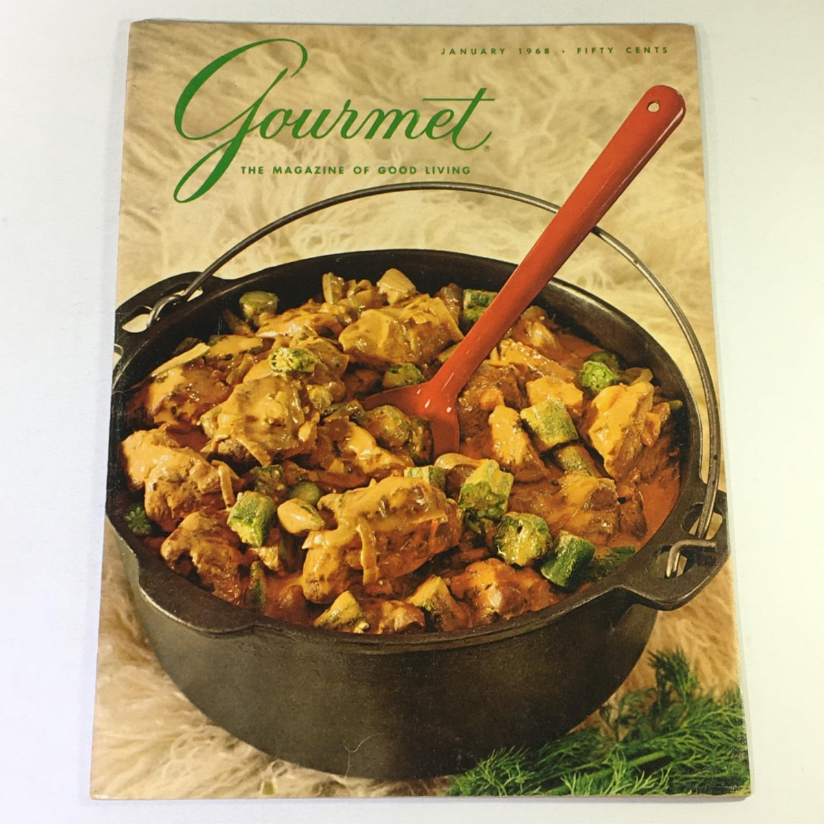 VTG Gourmet The Magazine of Good Living January 1968 cover featuring a hearty dish in a black pot with a red spoon.