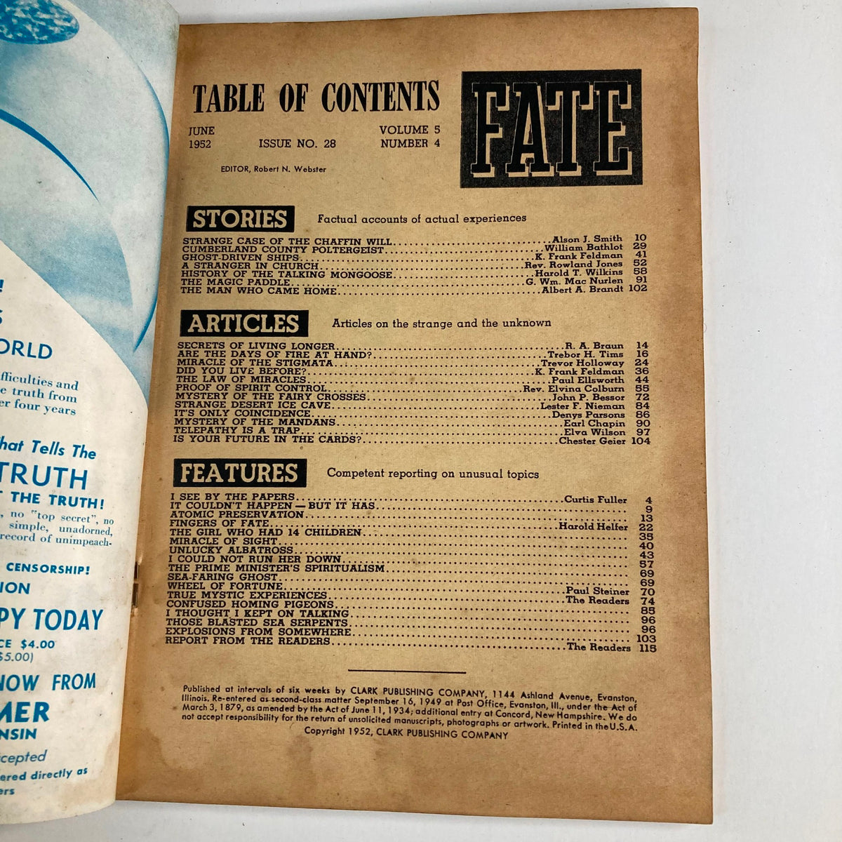 Interior page from VTG Fate Magazine June 1952 Vol 5 No. 4 showing the table of contents, highlighting articles on the strange and unknown, including 'Is Your Future In The Cards?'