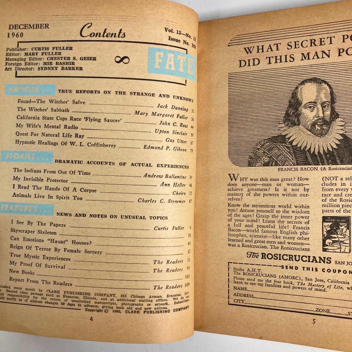 Inside page of VTG Fate Magazine December 1960 Vol 13 No. 12 showing the table of contents with featured articles and stories.