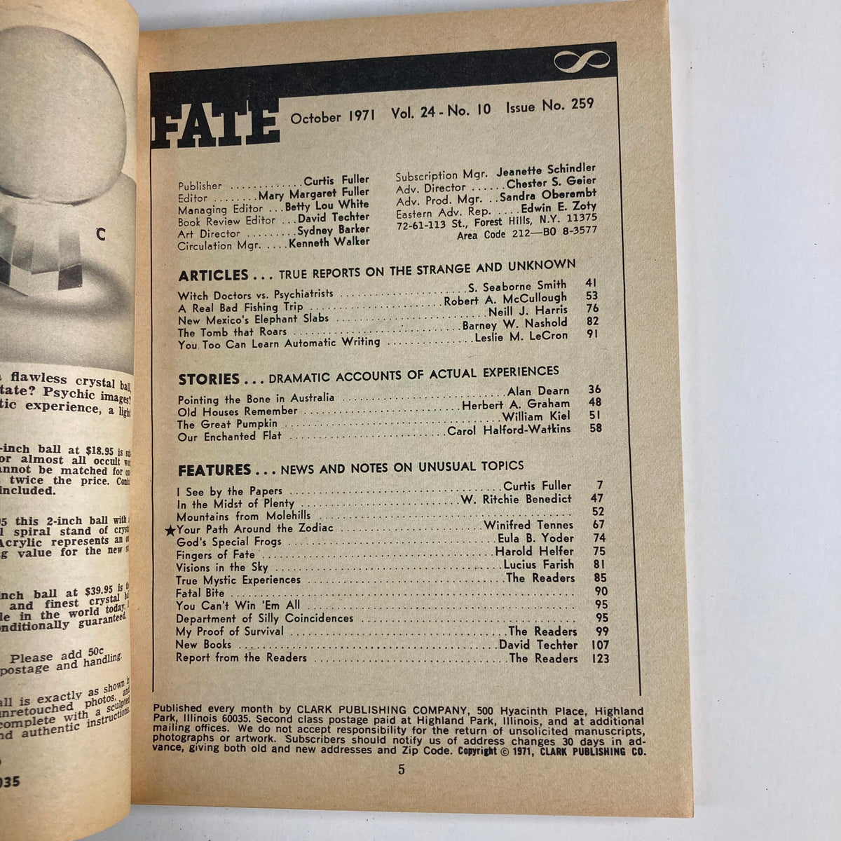 Table of contents page from the VTG Fate Magazine October 1971 Vol 24 No 10, detailing articles and stories about the strange and unknown.