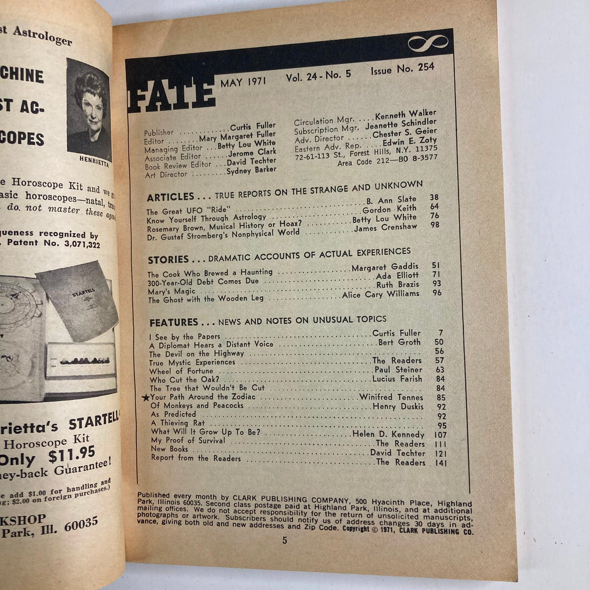 Interior page of VTG Fate Magazine May 1971 Vol 24 No. 5, showcasing the table of contents, including articles on UFOs and strange phenomena.