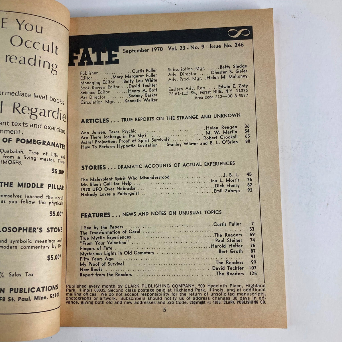 Inside page of VTG Fate Magazine September 1970 Vol 23 No. 9 showing table of contents including Ann Jensen, Texas Psychic and various articles on the paranormal.
