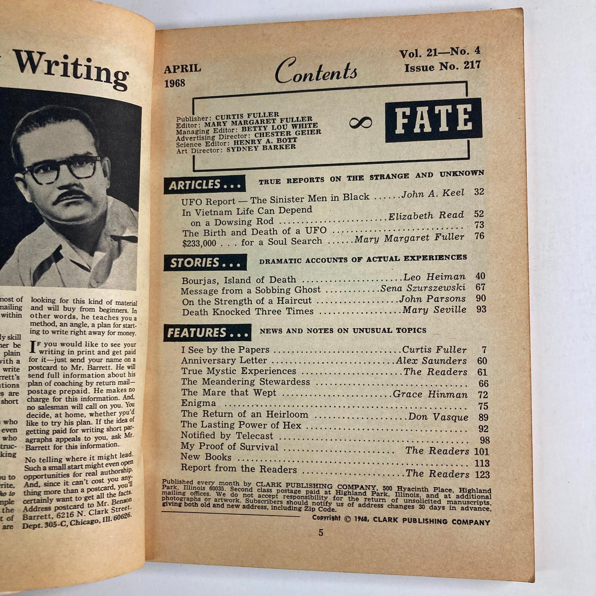 Contents page of VTG Fate Magazine April 1968 Vol 21 No. 4 featuring the article "Bourjas Island of Death" and other intriguing stories.