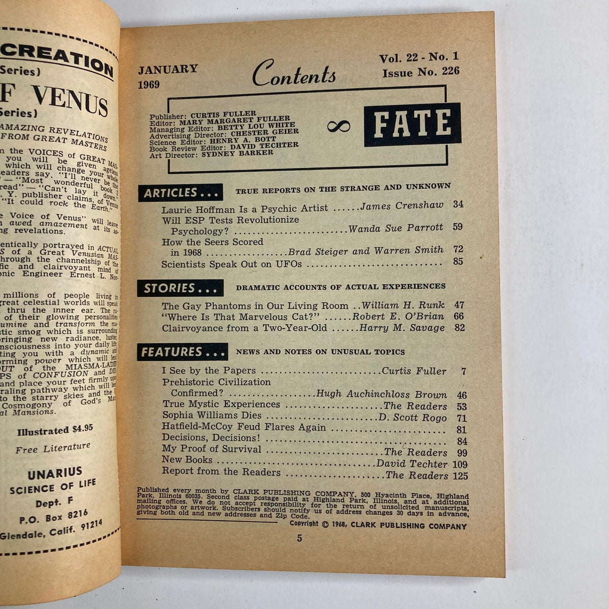 Inside page of VTG Fate Magazine January 1969 Volume 22 Number 1 displaying the table of contents with articles and stories related to the supernatural.