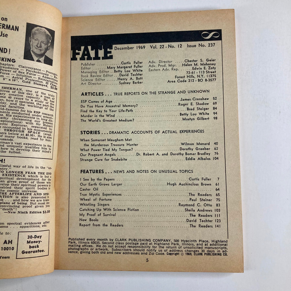 Inside page of VTG Fate Magazine December 1969, Vol 22 No. 12, listing featured articles including 'ESP Comes of Age', 'Find the Key to Your Life-Path', and 'Murder in the Wind'.