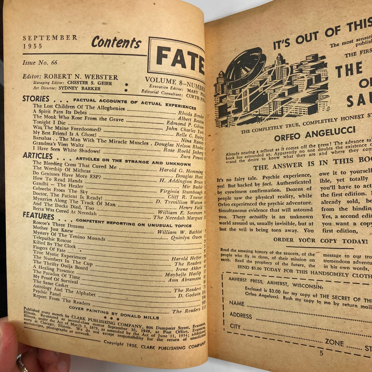 Interior page of VTG Fate Magazine September 1955 No. 66, featuring table of contents and articles on supernatural topics and experiences.