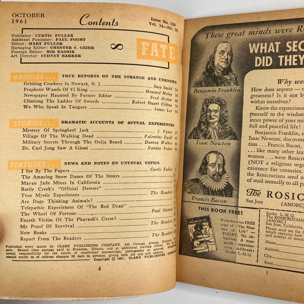 Contents page of VTG Fate Magazine October 1961 Vol 14 No. 10, outlining articles and stories including the 'Mystery of Springheel Jack' and other unusual topics. The design includes headers and traditional layout elements.