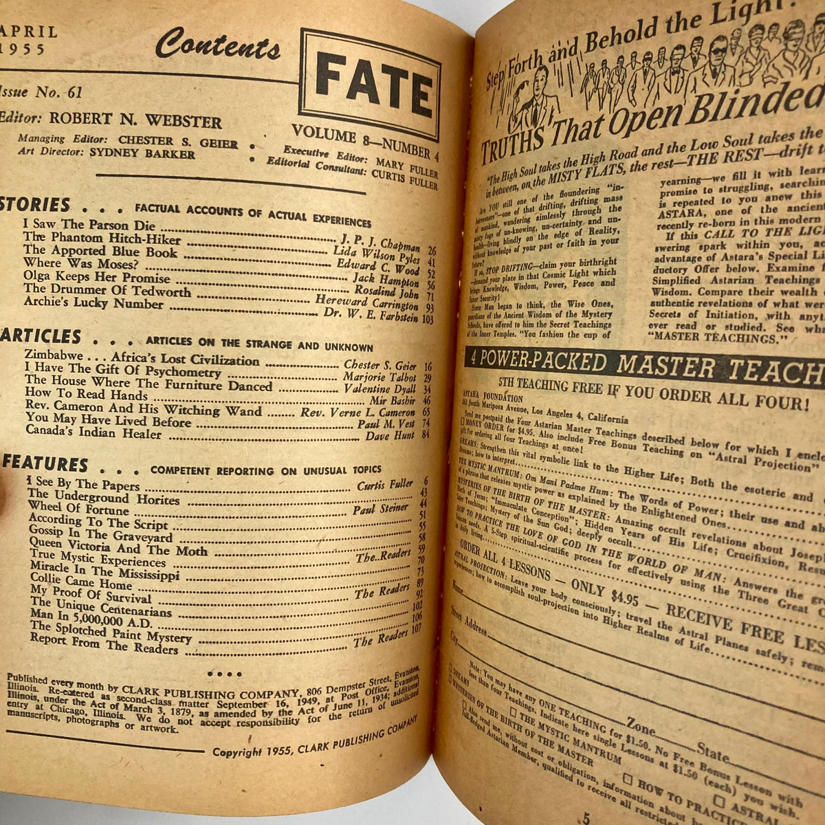 Table of contents from VTG Fate Magazine April 1955 Vol 8 No. 4, outlining articles including 'Zimbabwe... Africa's Lost Civilization' and other intriguing topics.