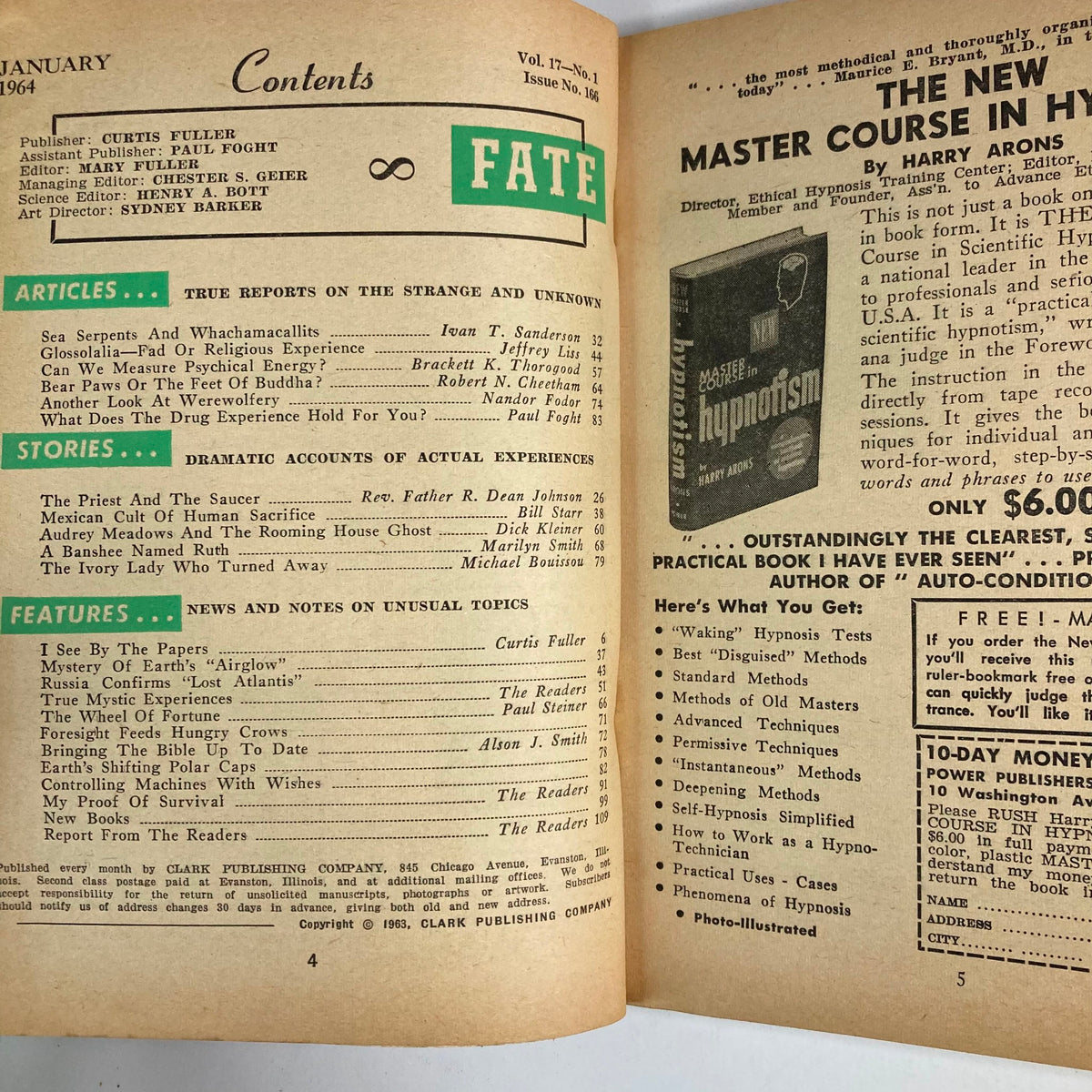 Interior page of VTG Fate Magazine January 1964, Vol 17 No. 1 featuring contents including 'A Banshee Named Ruth' and other intriguing supernatural articles and features.