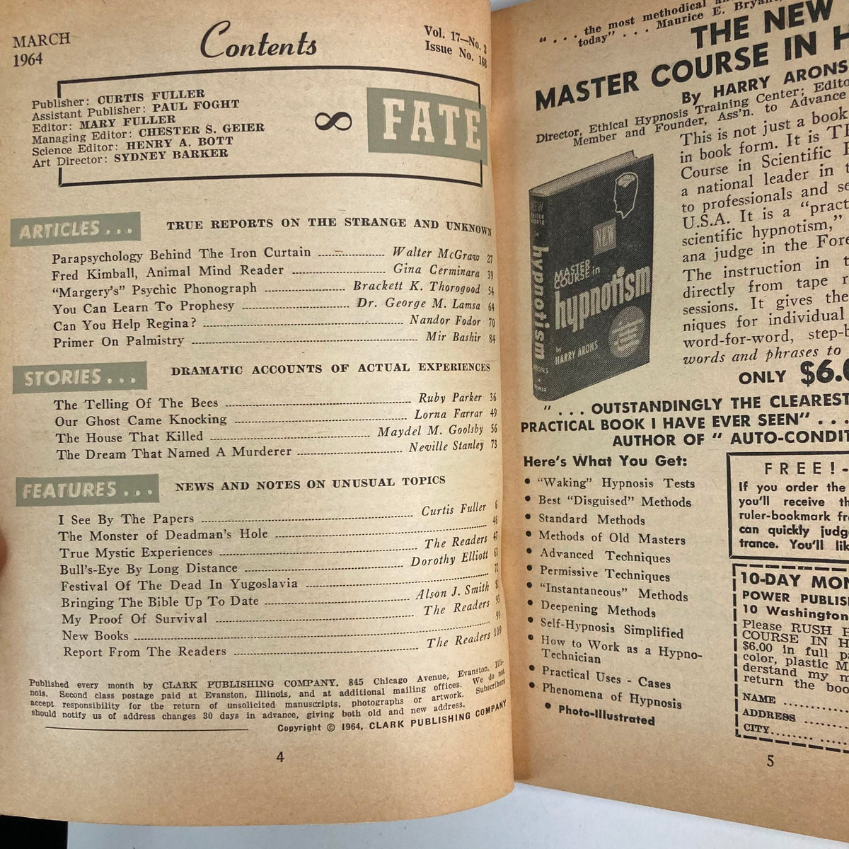 Contents page of VTG Fate Magazine March 1964 Vol 17 No. 3 featuring articles on palmistry and mysticism.