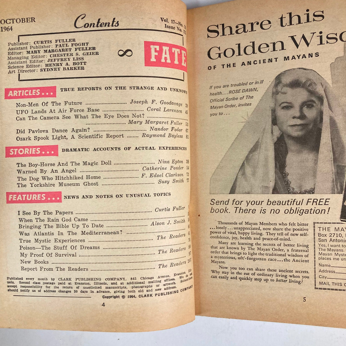 Inside page of VTG Fate Magazine October 1964 Vol 17 No. 10 displaying contents including articles on UFOs, paranormal events, and mysterious stories.