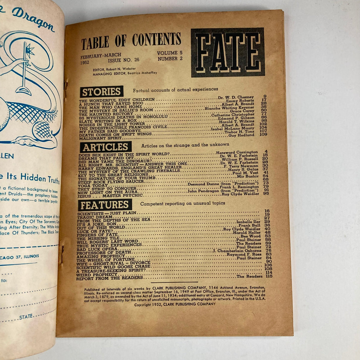 Table of contents page from Fate Magazine February 1952 Vol 5 No. 2 showcasing articles and stories, including 'Does Sex Exist in the Spirit World?' and 'The Mysterious Portrait in Honolulu'.