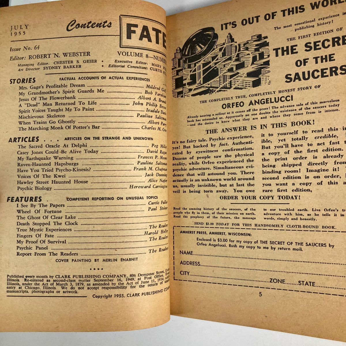 Contents page of Fate Magazine July 1955 No. 64 listing articles including those on the Secrets of The Delphi Oracle, mysticism, and psychic phenomena.