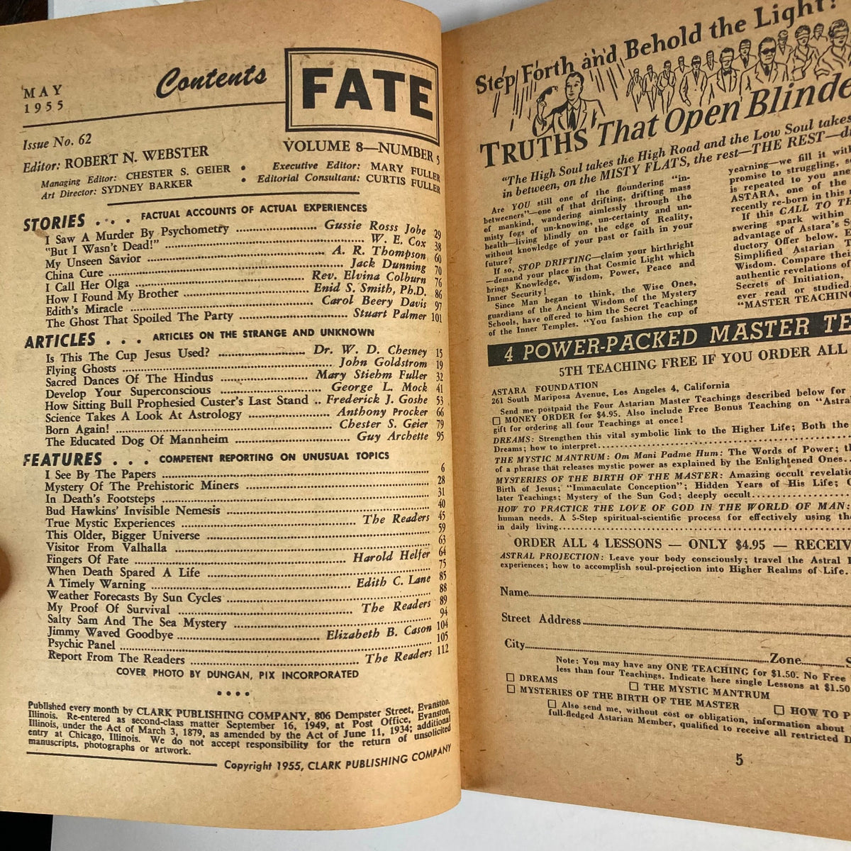 Interior page of VTG Fate Magazine May 1955 Vol 8 No. 5 contains the Table of Contents, highlighting articles including Sacred Dances of the Hindus and various topics on the strange and unknown.