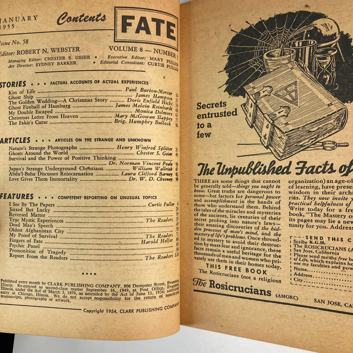 Interior page of VTG Fate Magazine January 1955 Vol 8 No. 1 showing the contents section, listing intriguing stories and articles related to the paranormal and unknown.