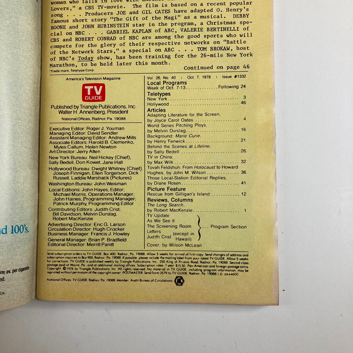 Back cover of TV Guide Magazine October 7, 1978 #1332 featuring articles and program listings. The magazine showcases 'Pitching Ploys' theme and offers insights into 1978 television programming, including executive editorial details and local program schedules.