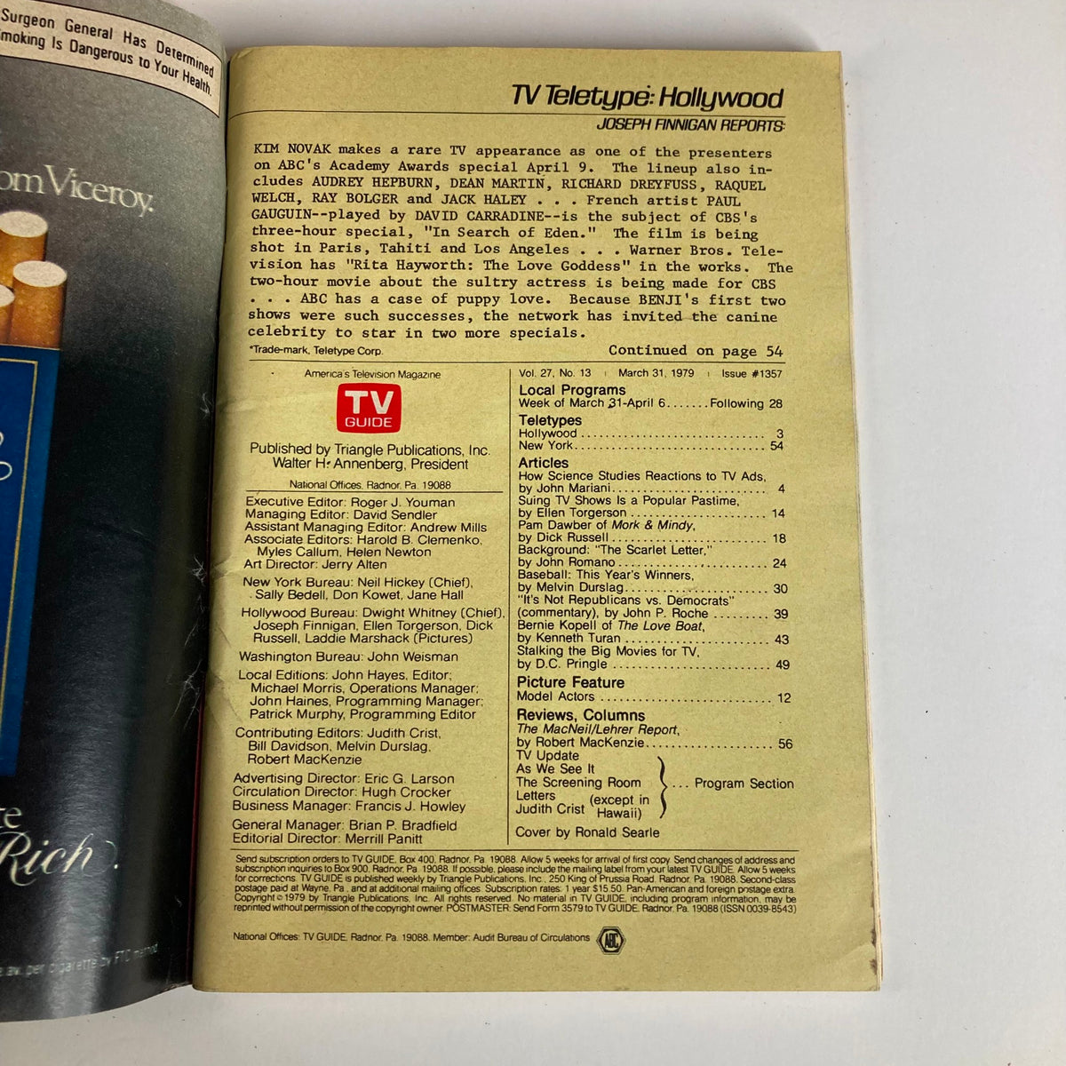 Inside page of TV Guide Magazine March 31 1979 Issue #1357, showcasing articles and features related to television programming and personalities of the era, including a highlight on Kim Novak's appearance at the Academy Awards.