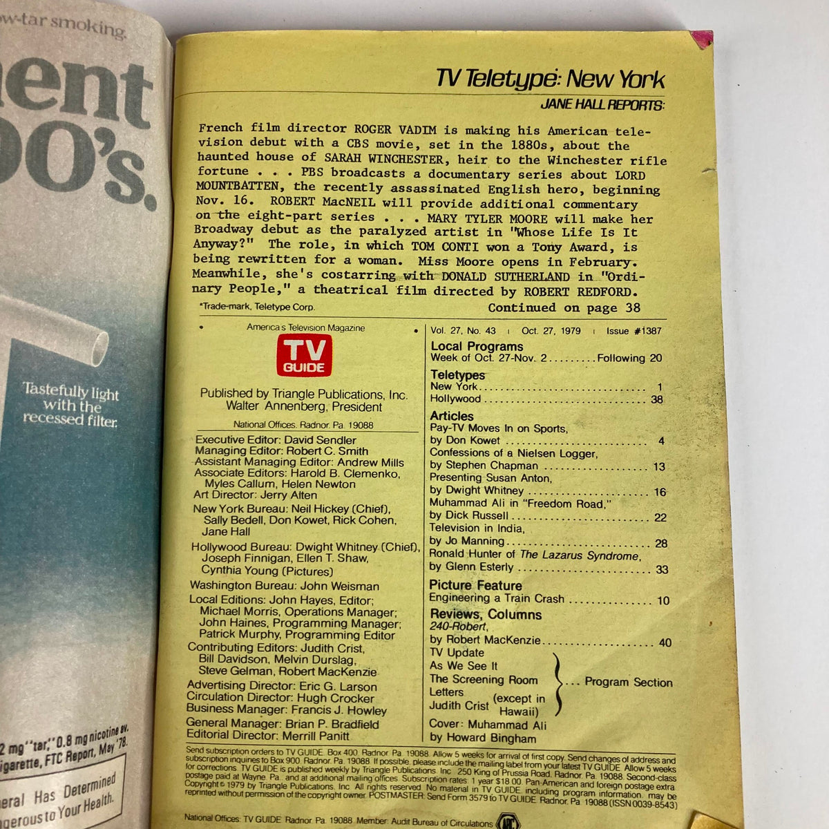 Interior page of TV Guide Magazine dated October 27, 1979, detailing local programs and articles, including features about Muhammad Ali in 'Freedom Road' and other television highlights.