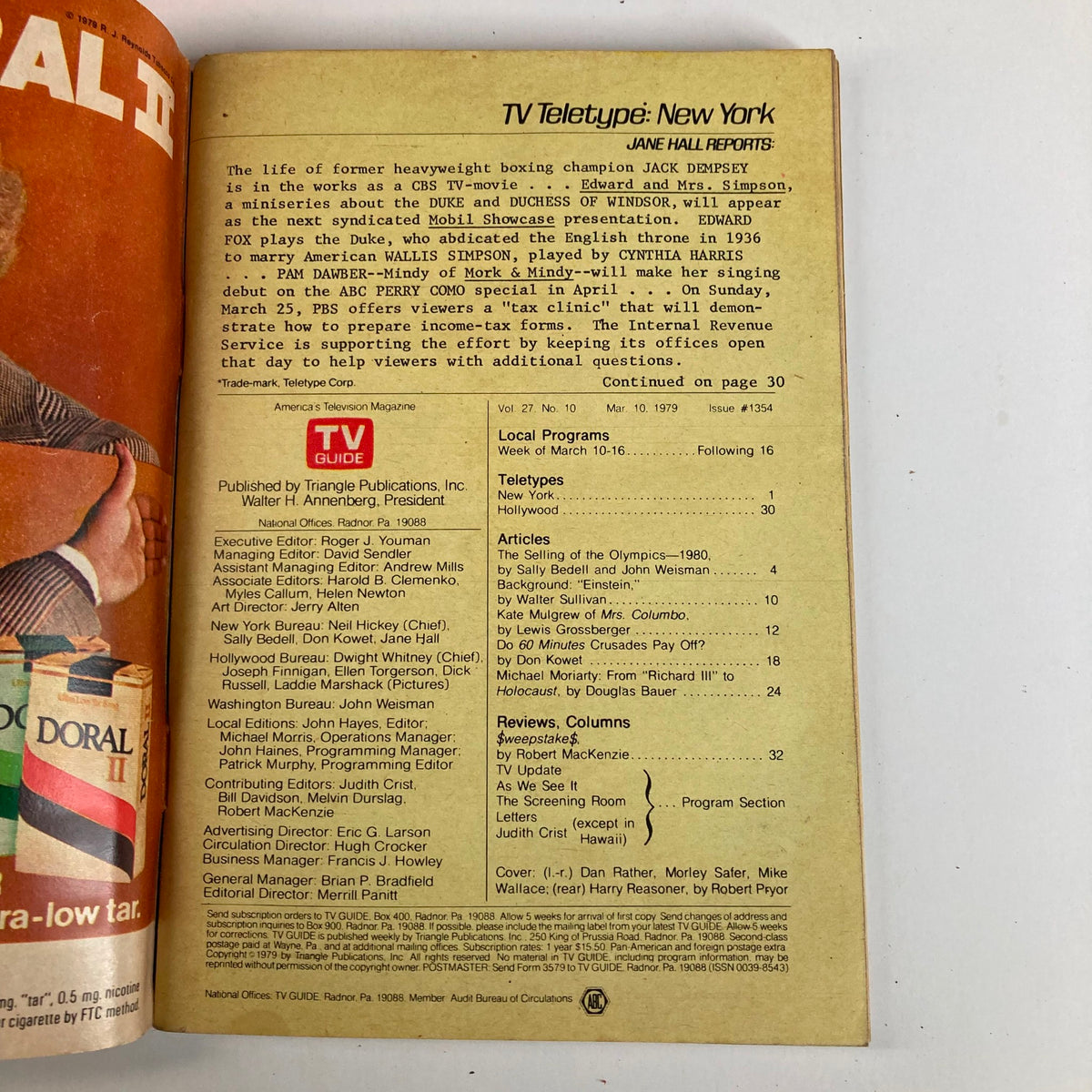 Inside page of TV Guide Magazine May 10 1979 showing details of the issue including local programs and articles on significant events like the Moscow Olympics.