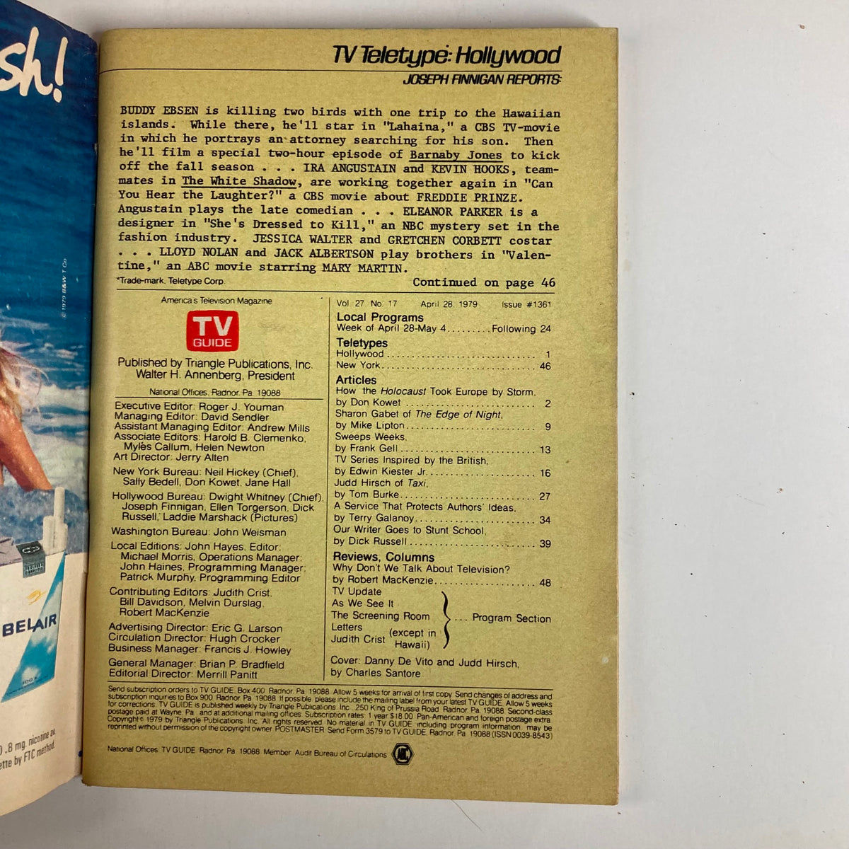 Inside page of TV Guide Magazine April 28 1979, issue #1361 with program listings and articles highlighting Hollywood teletypes. The page includes editorial information and contributors for this iconic collectible magazine.