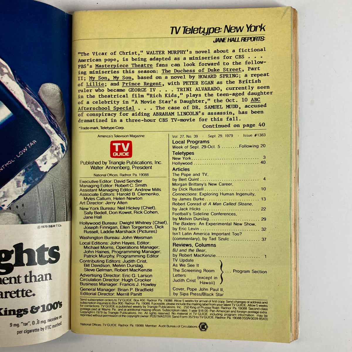 Inside page of TV Guide Magazine from September 29, 1979, displaying TV teletype information and program listings related to Pope John Paul II's influence on television.